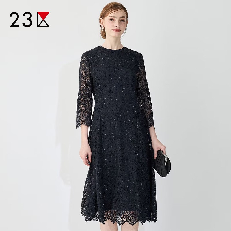 混纺圆领套头蕾丝连衣裙商场同款