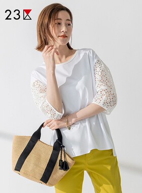 23区日系春季通勤宽松版纯棉圆领套头镂空中袖T恤针织衫商场同款