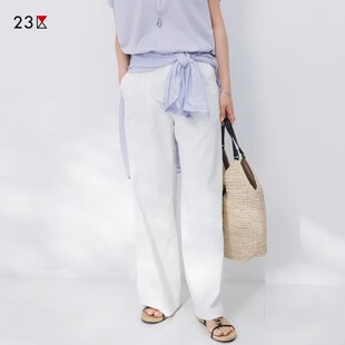 商场同款 休闲裤 通勤宽松棉亚麻混纺半松紧腰直筒长裤 23区日系秋季