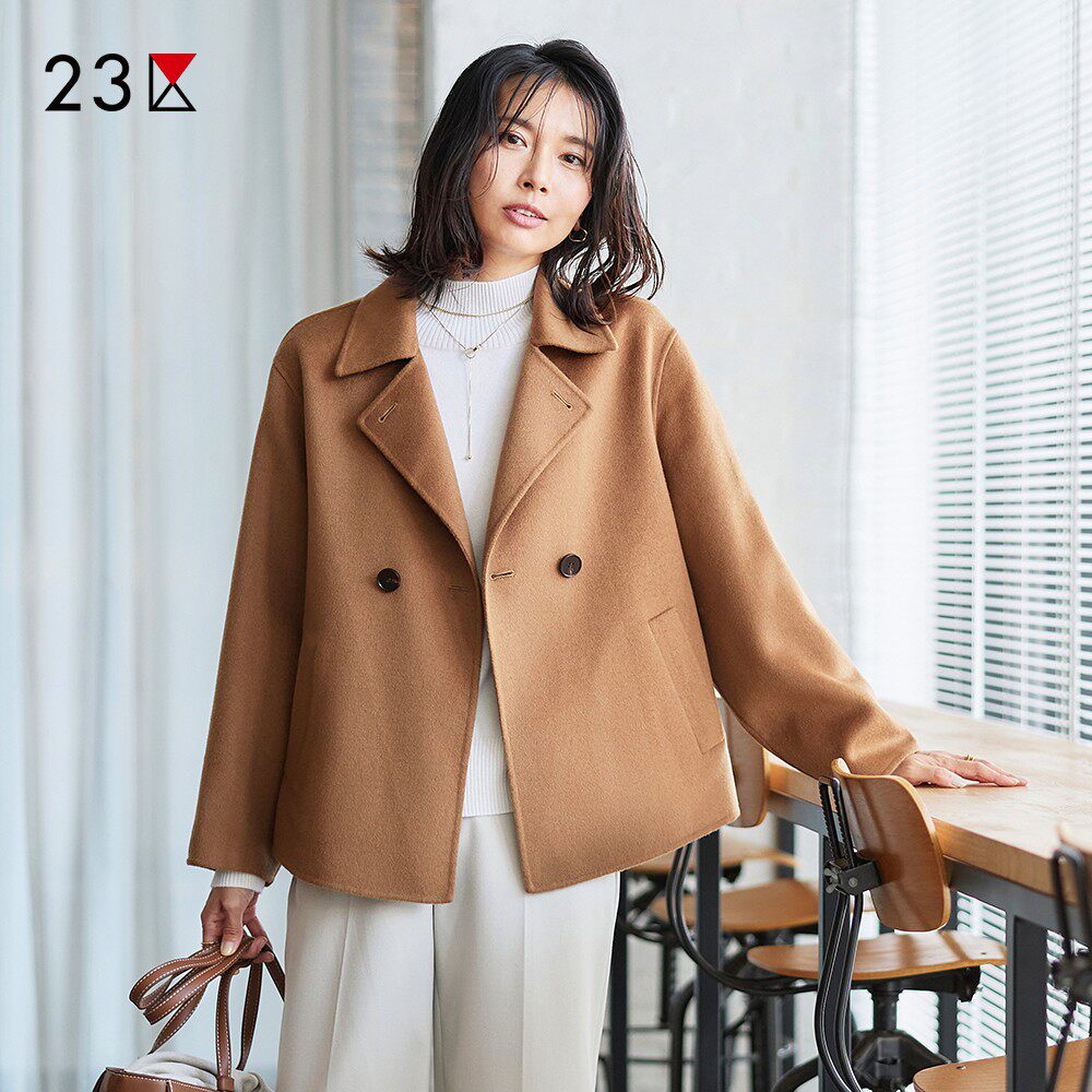 23区日系秋季通勤宽松羊毛羊绒混纺双排扣短大衣毛呢外套商场同款
