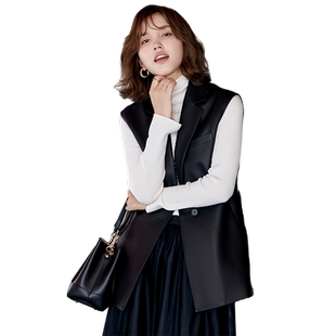 23区日系秋季通勤直筒版羊革一粒扣西装马夹休闲真皮马甲商场同款