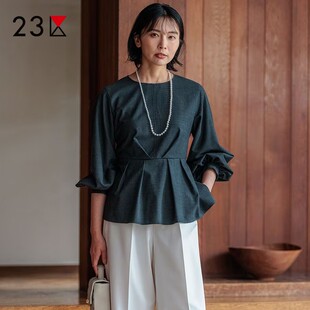 23区日系春季通勤羊毛混纺圆领套头长袖衬衣收腰休闲衬衫商场同款