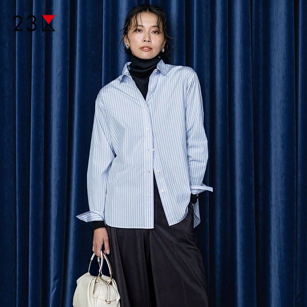 23区日系春季通勤职业宽松版纯棉小方领长袖衬衣休闲衬衫商场同款