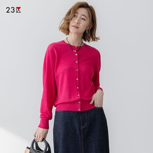 23区日系秋季通勤宽松纯亚麻圆领针织开衫薄款编织上衣商场同款