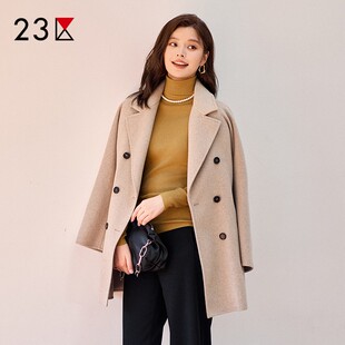 23区日系秋季 通勤羊毛牦牛毛混纺双排扣毛呢外套短大衣商场同款