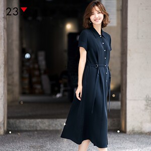 23区日系春夏季通勤桑蚕丝短袖连衣裙可系腰带真丝连身裙商场同款