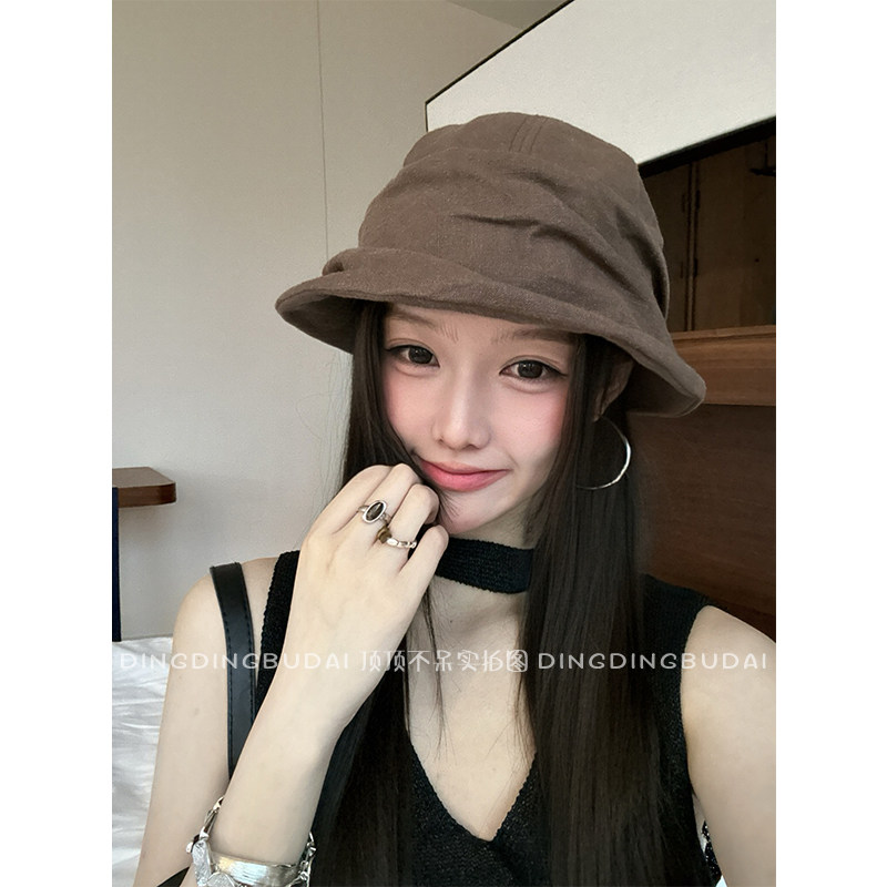【设计师褶皱亚麻渔夫帽】百搭简约休闲韩版文艺水桶帽素颜盆帽