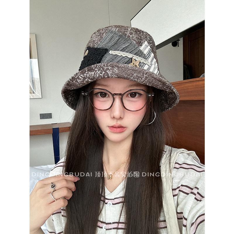 【复古拼布渔夫帽】日系小众牛仔渔夫帽女补丁贴布水桶帽素颜盆帽
