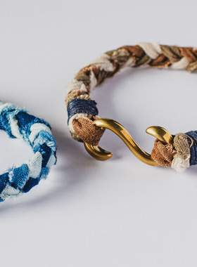 手作配饰草木染布编织手绳黄铜钩男女情侣手链咔叽中性风褴褛礼物