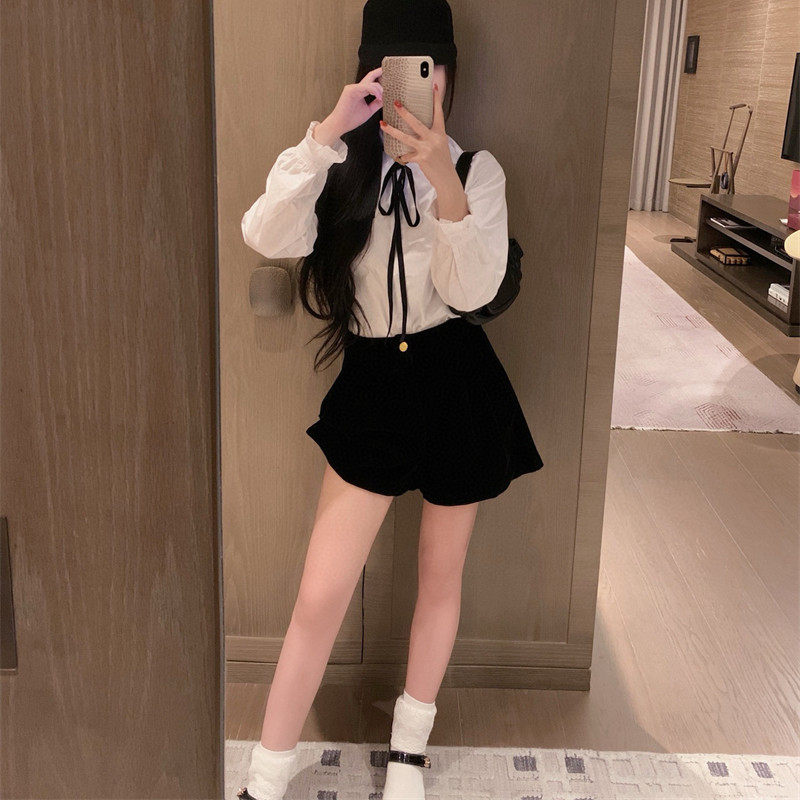 2025早春新款韩版时尚气质百搭显瘦女立领长袖衬衫+短裤休闲套装
