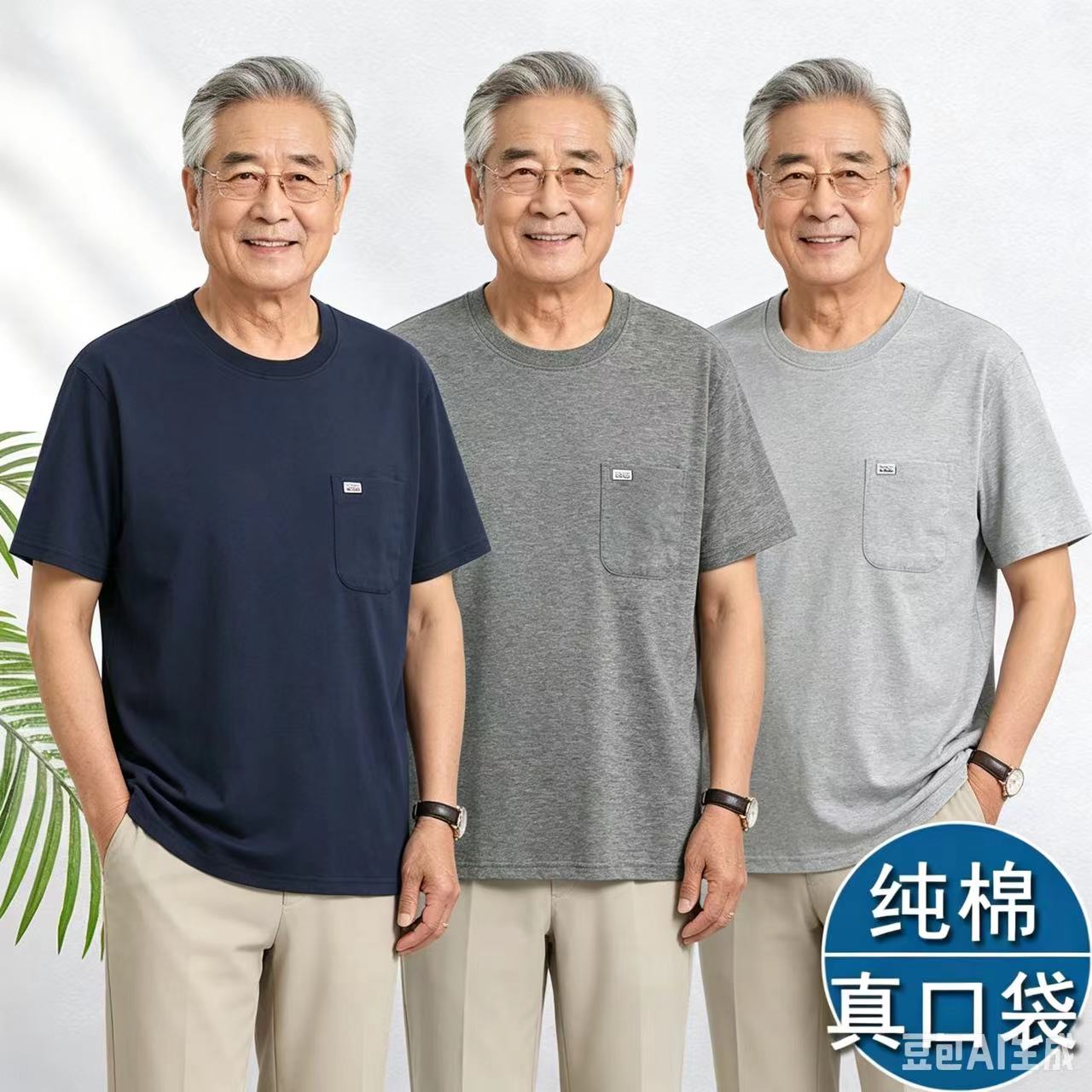 爸爸t恤短袖夏装男士中年人纯棉纯色老年人体恤爷爷装老头衫衣服 - 实物图