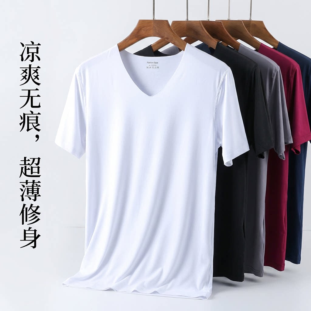 夏季男莫代尔V领无痕冰凉T恤无痕图片