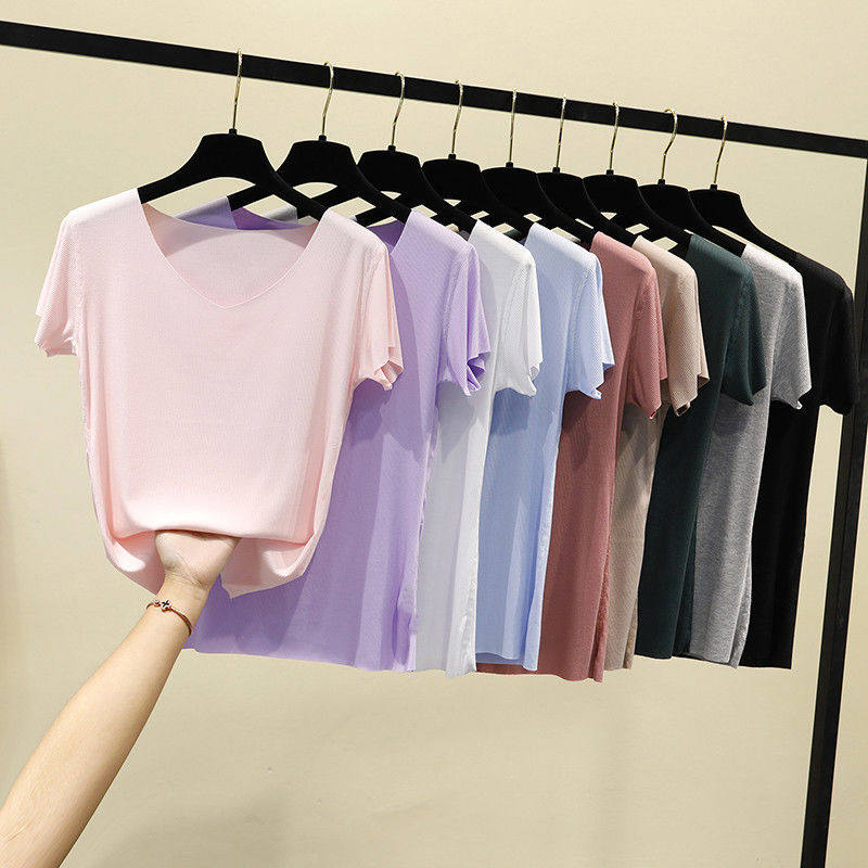 面膜短袖t恤女夏莫代尔无痕大码打底衫纯色修身内搭显瘦薄款上衣