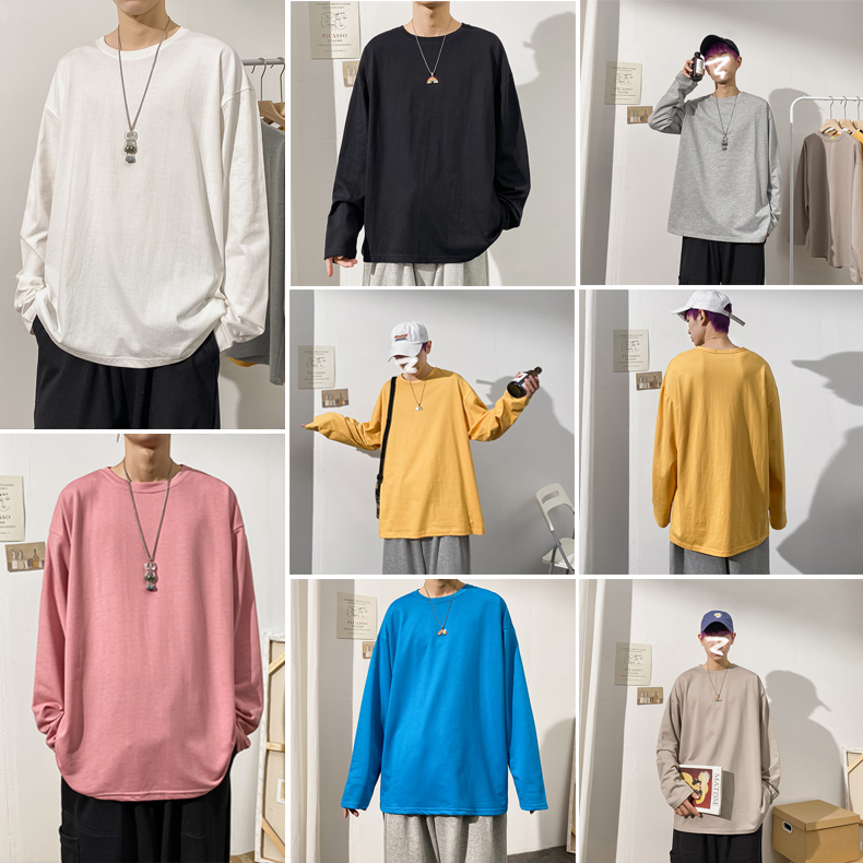 长袖T恤男宽松潮流纯色打底衫秋冬纯棉内搭衣服港风休闲圆领上衣