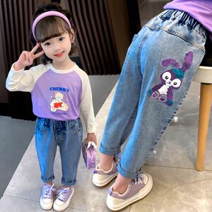 女童牛仔长裤春秋新款韩版洋气宝宝萝卜裤中小儿童休闲宽松老爹裤
