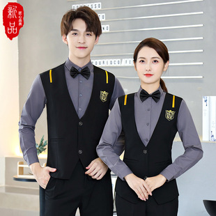 酒店西餐厅ktv酒吧服务员工作服新款长袖假两件时尚衬衣男 套装印