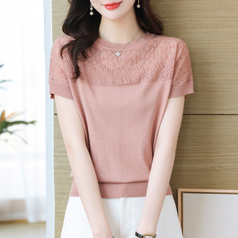 冰丝短袖t恤女2026新款中年妈妈夏装时尚洋气薄款针织衫短款上衣