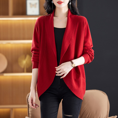 红色中长款针织开衫披肩外搭女2025新款春秋洋气妈妈披风毛衣外套