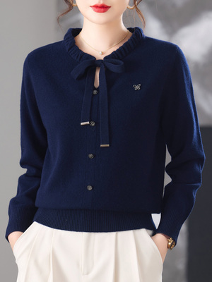 ROUMIKL蝴蝶结木耳边针织衫女士秋冬2025新款气质高级感打底毛衣