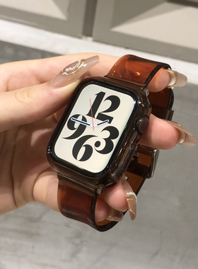 苹果手表9代41mm applewatch7654果冻套装茶棕色简约SE透明带男女
