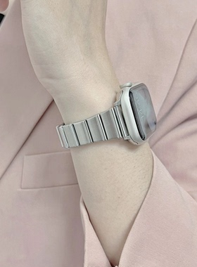 适用iwatch表带s10苹果手表女夏天金属小蛮腰applewatchs987透气