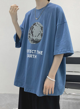 短袖百搭上T恤ins半袖男港风潮流衣服袖潮牌cec五分宽松夏季超火