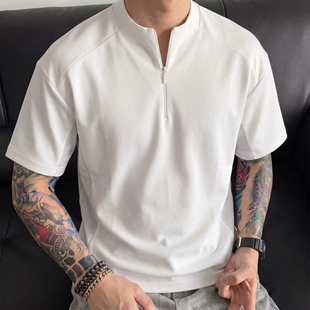 cleanfit白色垫肩短袖男款夏季半拉链T恤小众设计感男模穿搭半袖