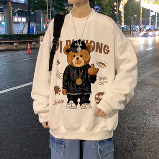 衫打底宽松高街印花男休闲恤狗熊套头ins潮牌长袖无帽t卫衣春秋季