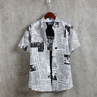 夏季短袖报纸衬衫男薄款涂鸦潮流衣服印花宽松痞帅上衣半袖衬衣潮
