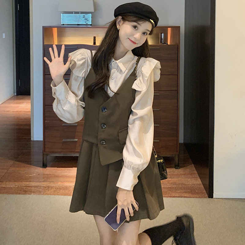 洋气减龄时尚套装女秋季2025新款气质荷叶边衬衫假两件吊带连衣裙