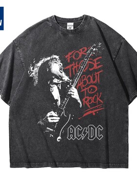 acdc乐队欧美重金属宽松oversize做旧水洗重磅纯棉五分短袖T恤男