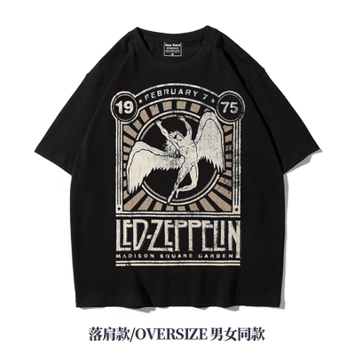 重磅落肩五分袖T恤阿美咔叽oversize纯棉夏ledzeppelin齐柏林飞艇
