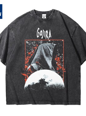 摇滚gojira哥斯拉乐队欧美重磅大码宽松做旧水洗纯棉五分短袖T恤