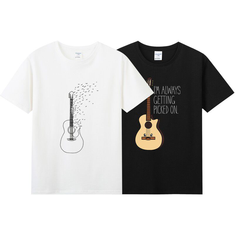 全倾斜春夏青少年新款男短袖T恤纯棉圆领打底衫小清新吉他衣服