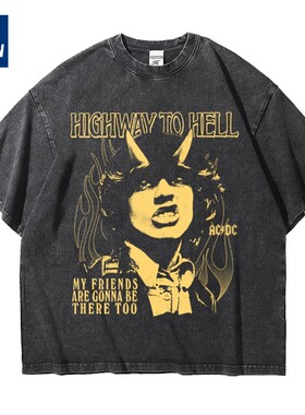 acdc乐队欧美硬摇滚宽松大码重磅做旧水洗纯棉五分短袖T恤男夏季