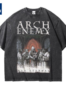 arch enemy大敌乐队欧美金属重磅宽松做旧水洗纯棉五分短袖T恤男