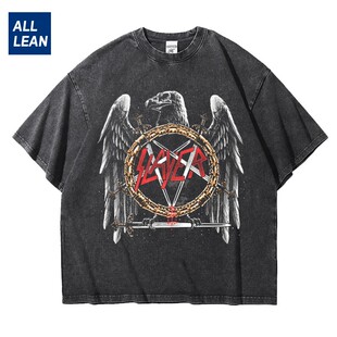 欧美摇滚杀手Slayer乐队潮流水洗重磅大码宽松纯棉五分短袖T恤男