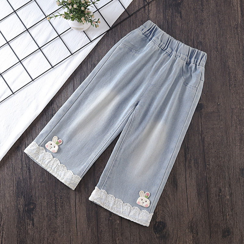 女童牛仔裤2025新款宝宝时髦休闲阔腿裤子儿童春秋花边直筒裤