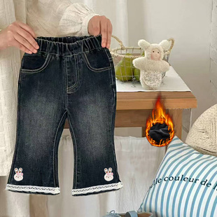 子秋冬装 儿童一体绒牛仔裤 2025新款 喇叭裤 女孩长裤 女童加绒裤