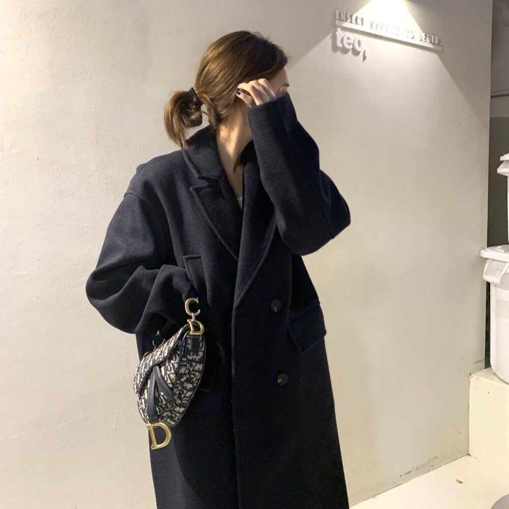 韩国chic 冬季法式高级感西装领口袋双排扣宽松毛呢子大衣外套