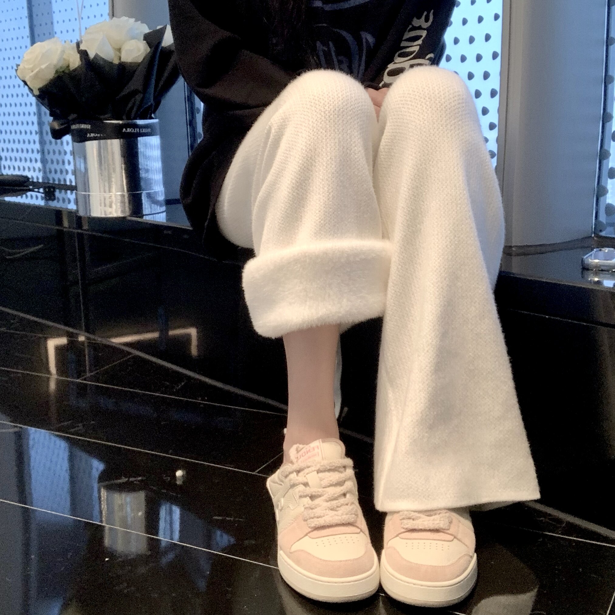 垂感加绒针织阔腿裤女秋冬高腰拖地裤休闲宽松显瘦加厚直筒长裤子