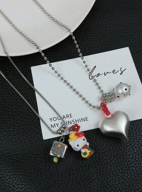 甜酷少女可爱卡通风彩色Kitty猫骰子吊坠项链女夏日锁骨链毛衣链