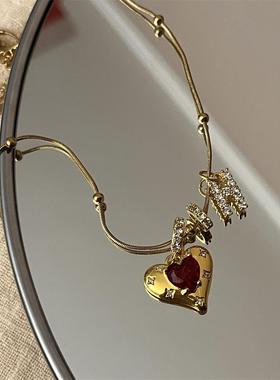 锆石字母H爱心项链红宝石镶嵌