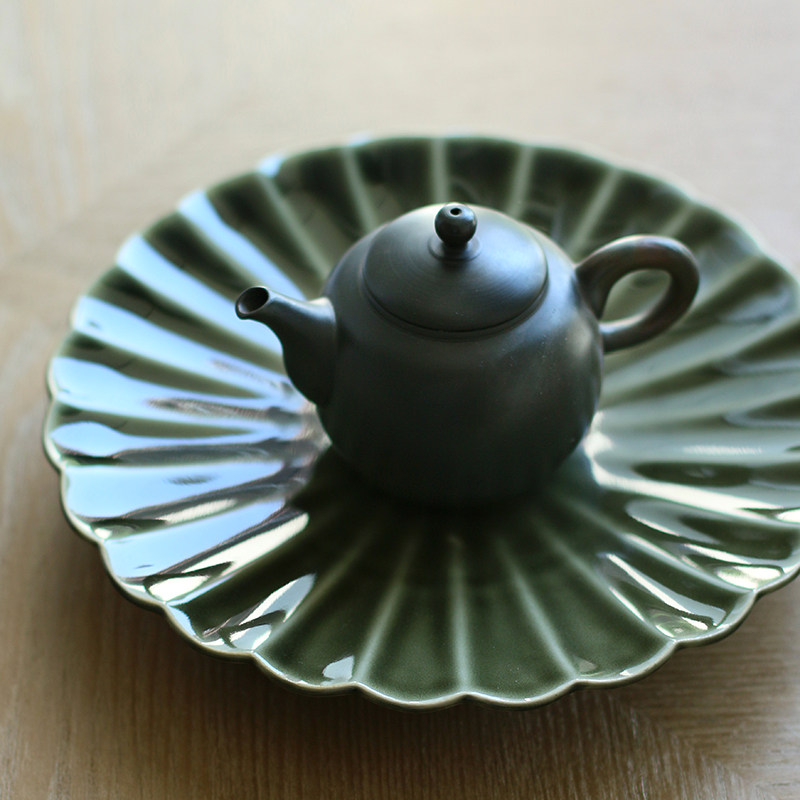 现货日本进口有田烧织布绿釉菊瓣高台圆盘壶承 高级陶瓷复古盘子