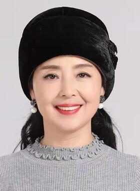 金丝绒加厚加棉套头帽太太帽女