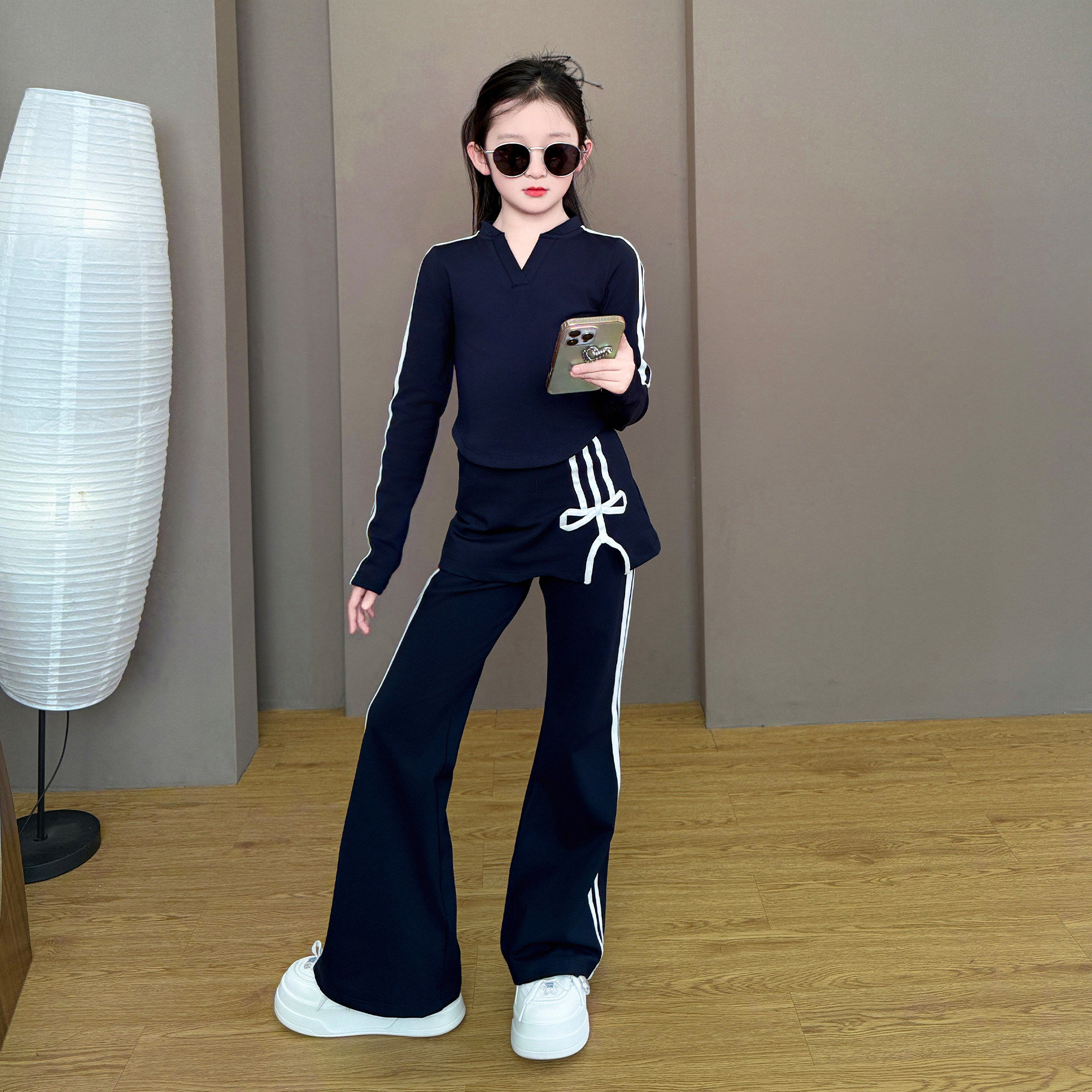 女童2026新款春秋季韩版时尚休闲运动设计感蝴蝶结裙裤洋气套装潮