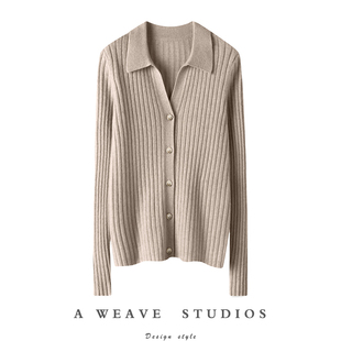 不能错过的！立体坑条羊绒开衫女修身Polo领纯羊绒毛衣开衫