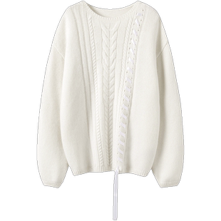 不挑人巨美~绸缎绑带加厚羊绒衫女圆领纯羊绒毛衣套头绞花上衣