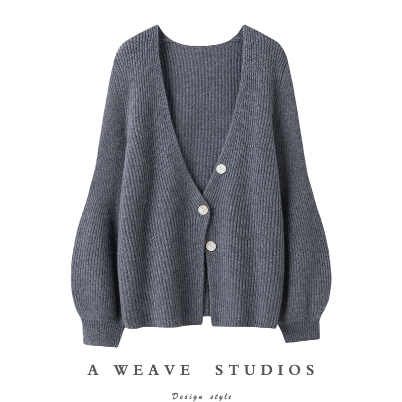 巨美巨气质！加厚V领100%羊绒开衫灯笼袖纯羊绒毛衣针织开衫外套