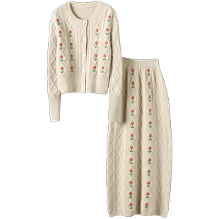 美奢到炸裂啊！重工手绣！羊绒开衫女纯羊绒毛衣长款包臀裙子套装